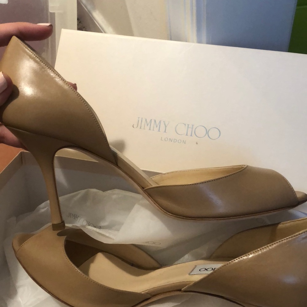Jimmy Choo Kid Leather Nude Peep Toe Pumps